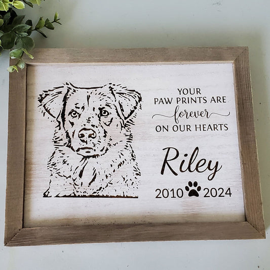 Pet Memorial Plaque, Pet Memorial Gift, Custom Pet Portrait engraved wood sign, Dog Memorial  Portrait,  Cat Memorial  Portrait - Wags and Willows