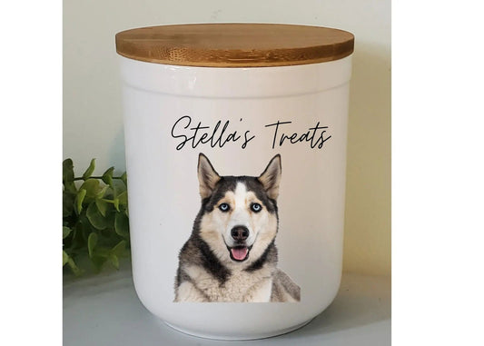 Custom Dog Treat jar with photo,  white ceramic dog treat holder, Dog gift - Wags and Willows 