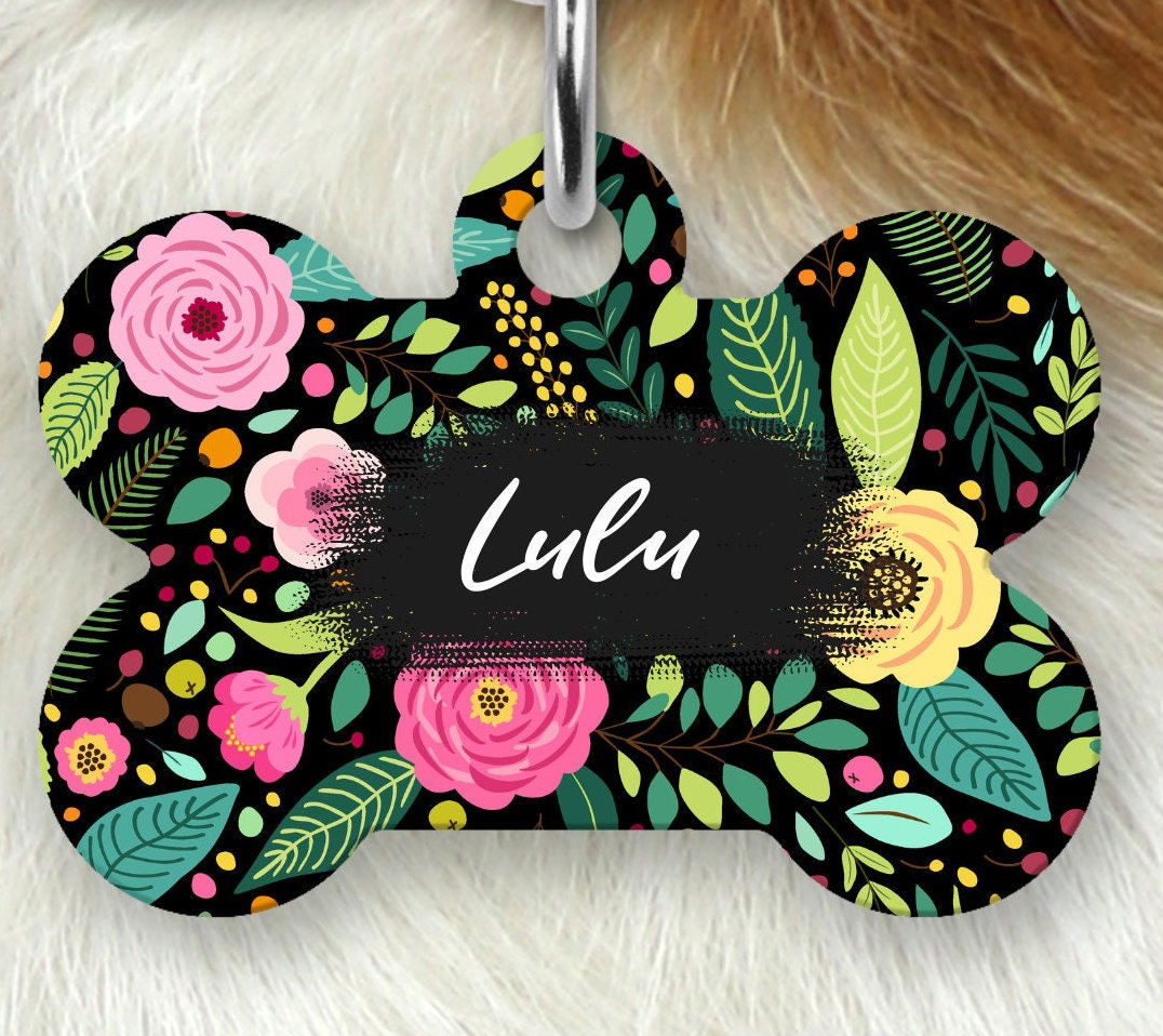 Floral Dog Name Tag, Dog Tag for girl dog, Personalized Pet ID Tag - Wags and Willows 