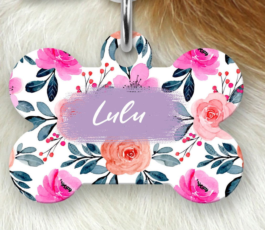 Floral Dog Name Tag, Dog Tag for girl dog, Personalized Pet ID Tag - Wags and Willows 