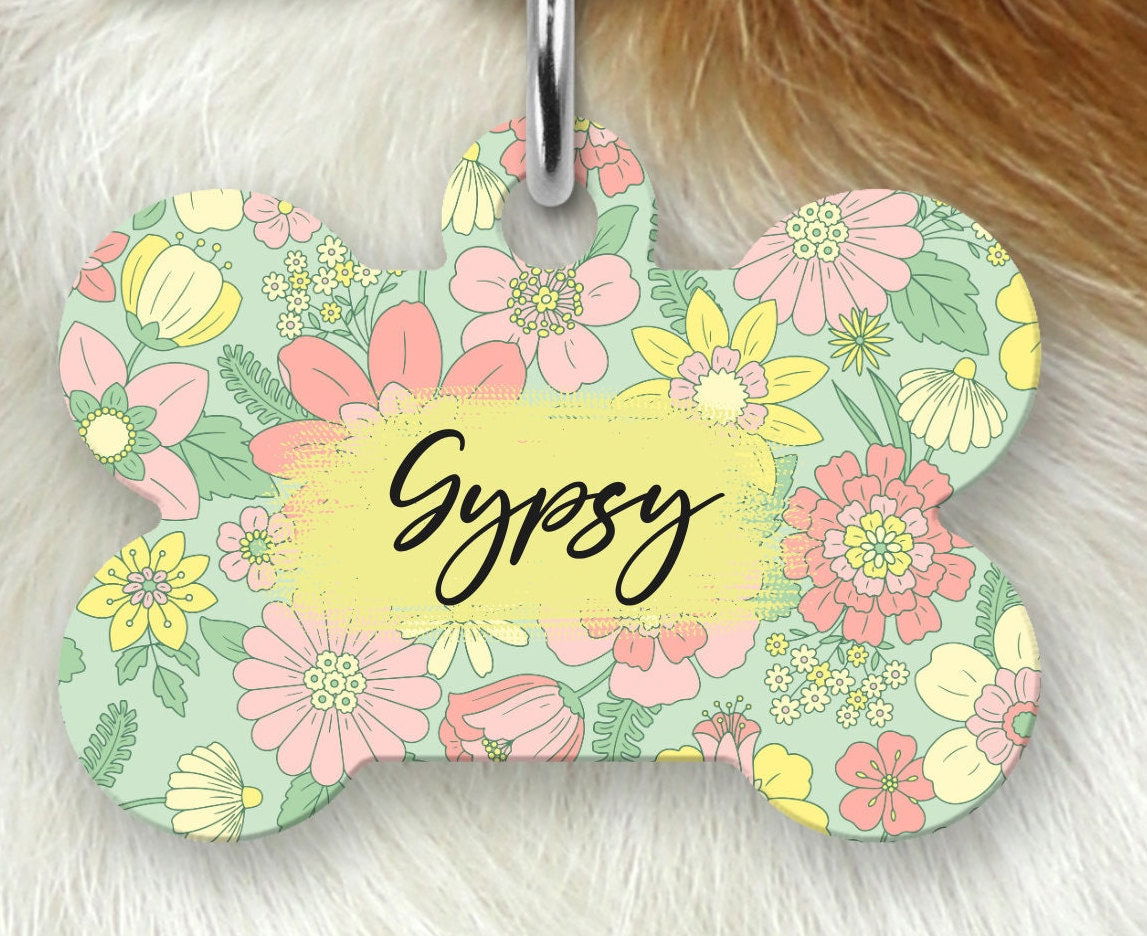 Floral Dog Name Tag, Dog Tag for girl dog, Personalized Pet ID Tag - Wags and Willows 