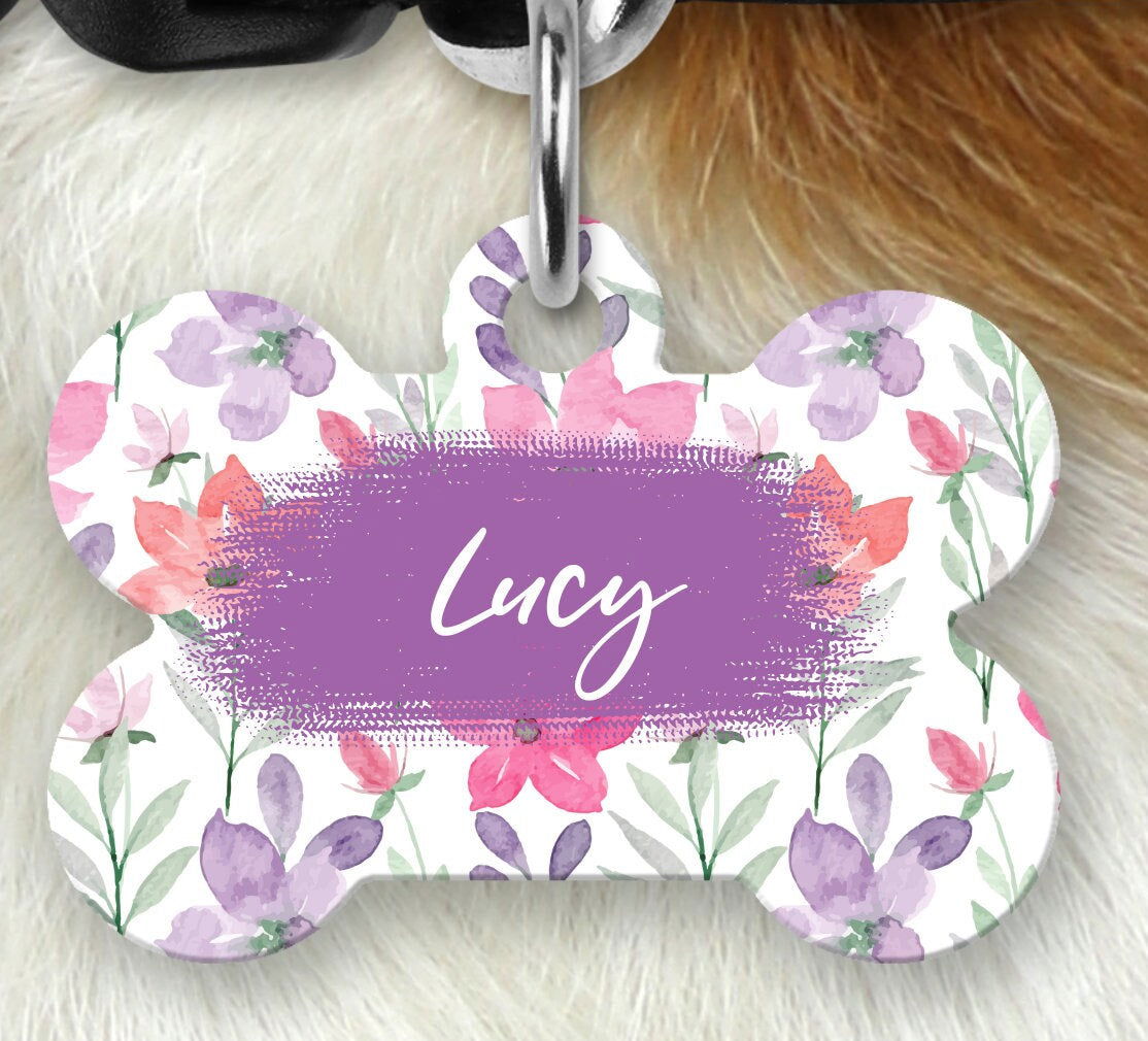 Floral Dog Name Tag, Dog Tag for girl dog, Personalized Pet ID Tag - Wags and Willows 