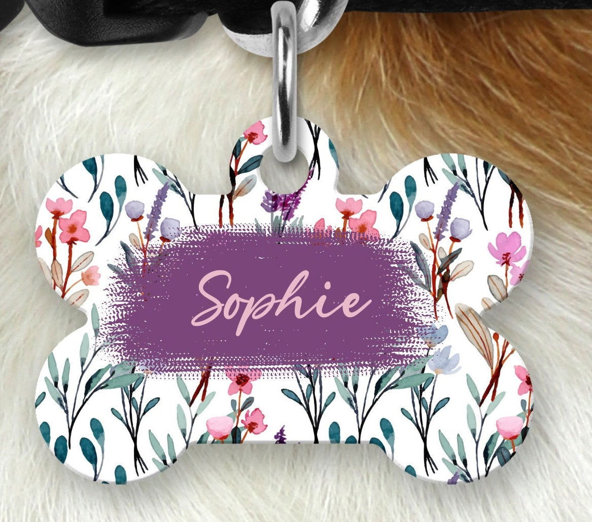 Floral Dog Name Tag, Dog Tag for girl dog, Personalized Pet ID Tag - Wags and Willows 