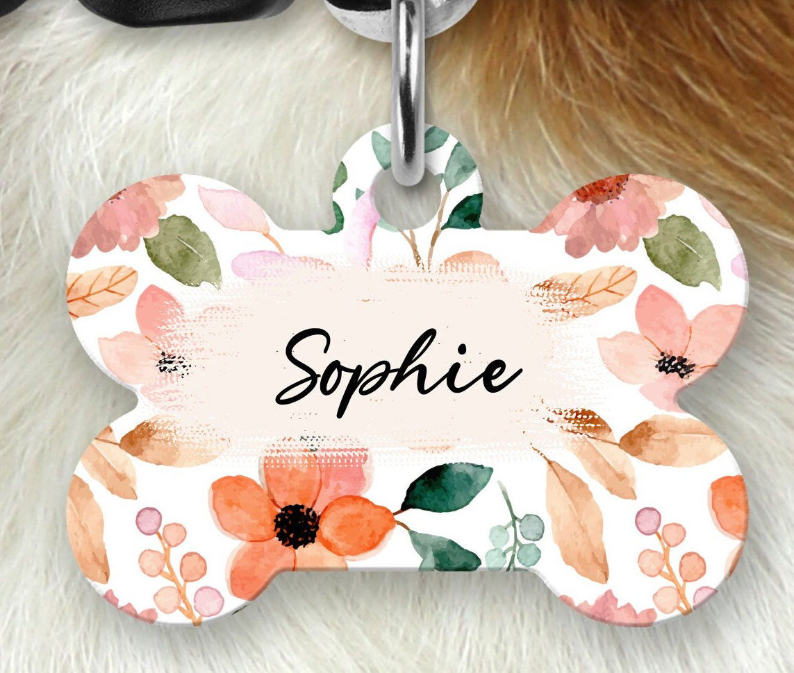 Floral Dog Name Tag, Dog Tag for girl dog, Personalized Pet ID Tag - Wags and Willows 