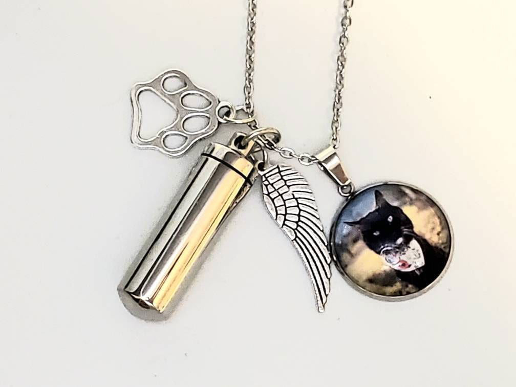 Pet Urn necklace with photo, Dog Memorial jewelry, cat memorial Jewelry, Pet ashes necklace, pet memorial gift - Wags and Willows 