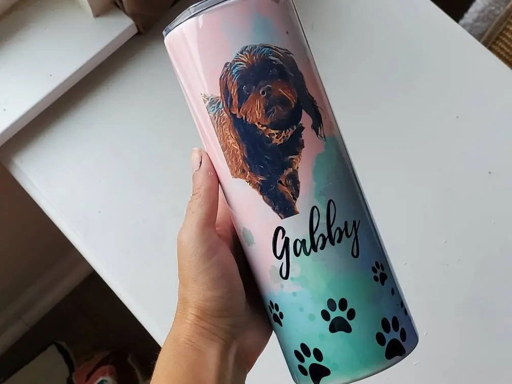 Watercolor Dog Tumbler, Pet Memorial gift, cup with Dog's picture, dog mom GIFT, Dogcup, dog mom pet photo tumbler, cat tumbler, cat cup, - Wags and Willows 