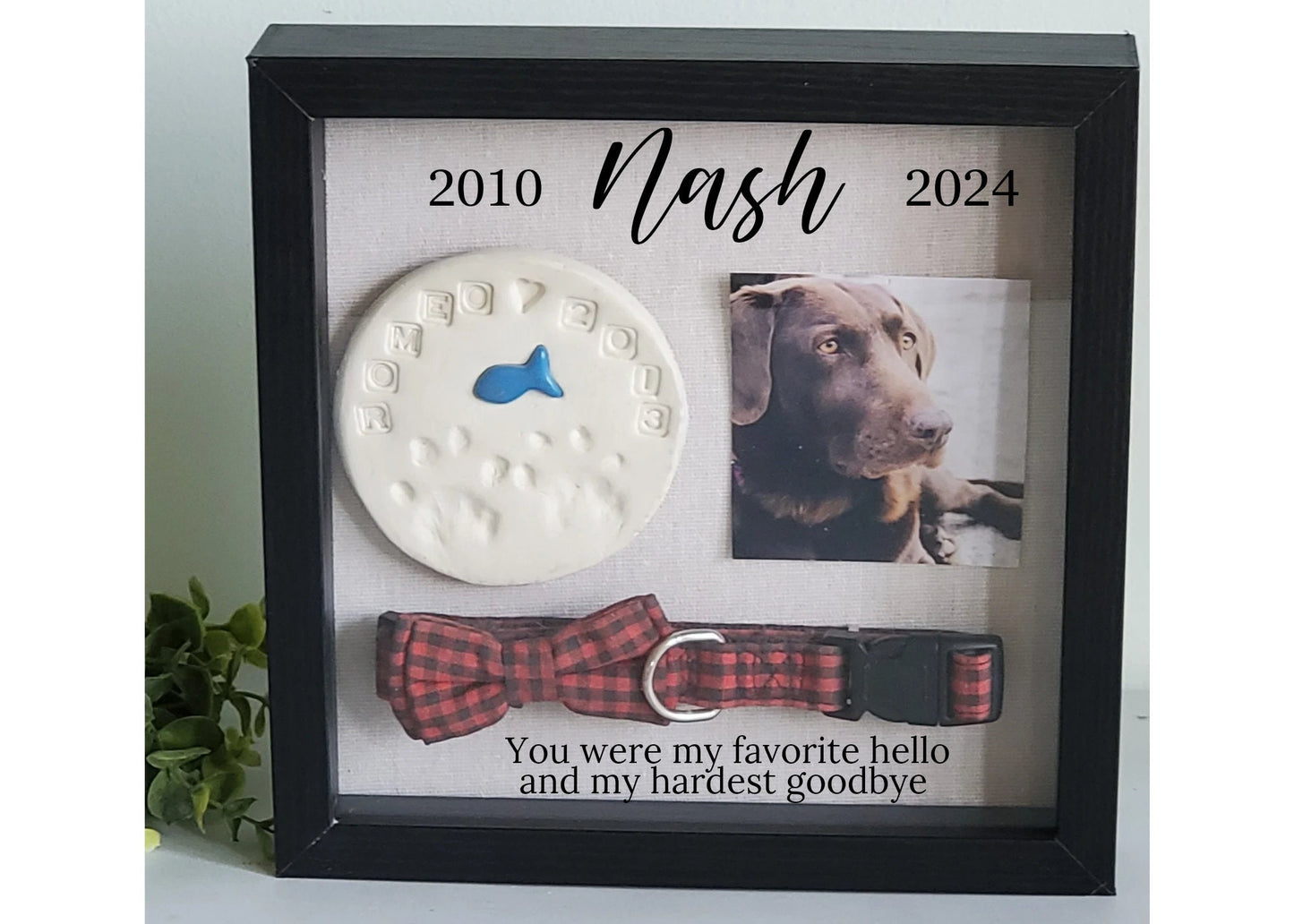 Pet Memorial Shadowbox for pawprint, Pet memorial gift, Dog shadow box , Cat Memorial frame, dog collar, pet memory box, paw print holder